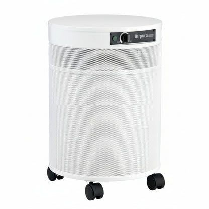 white air purifier shaped like a cylinder with black wheels, Airpura UV600 Air Purifier on white background