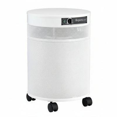 white air purifier shaped like a cylinder with black wheels, Airpura UV600 Air Purifier on white background
