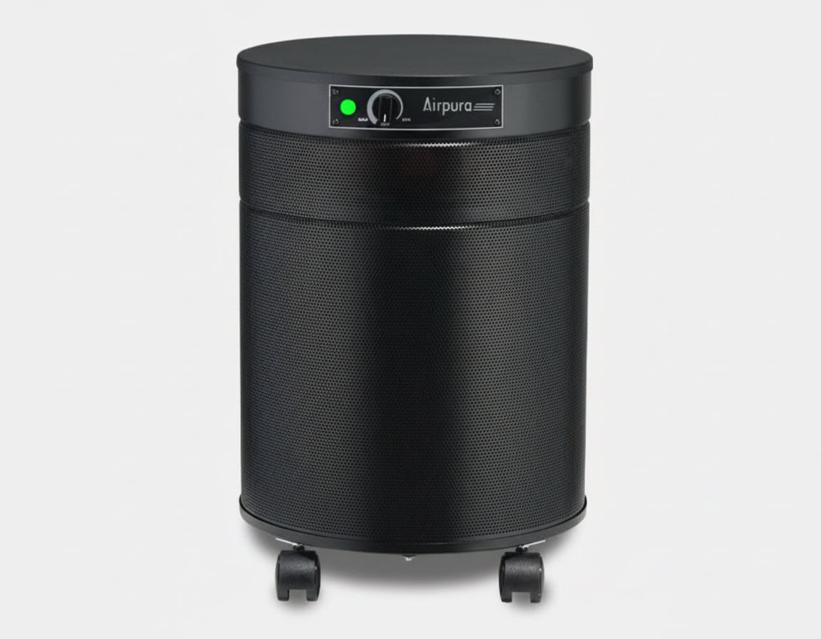 black air purifier shaped like a cylinder with black wheels, Airpura C600 Chemical and Gas Abatement Air Purifier on white background