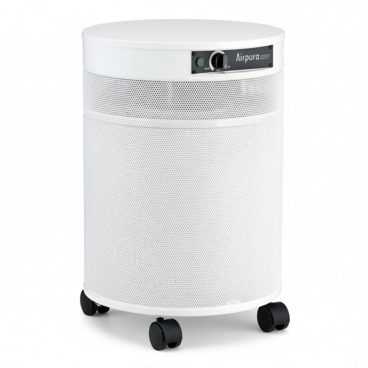 white air purifier shaped like a cylinder with black wheels, Airpura C600 Chemical and Gas Abatement Air Purifier on white background