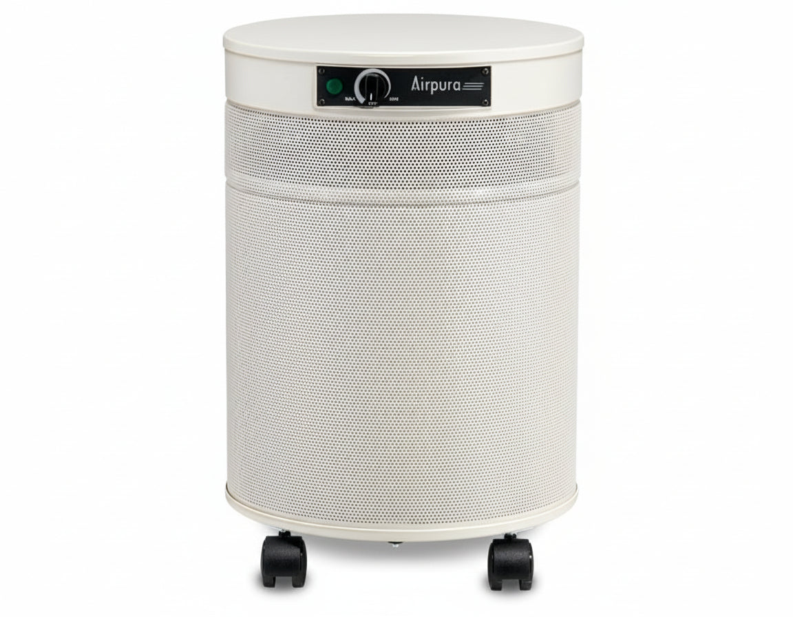 white air purifier shaped like a cylinder with black wheels, Airpura C600 DLX - Chemicals and Gas Abatement Plus Air Purifier on white background