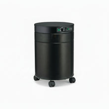 black air purifier shaped like a cylinder with black wheels, Airpura F600DLX Air Purifier on white background