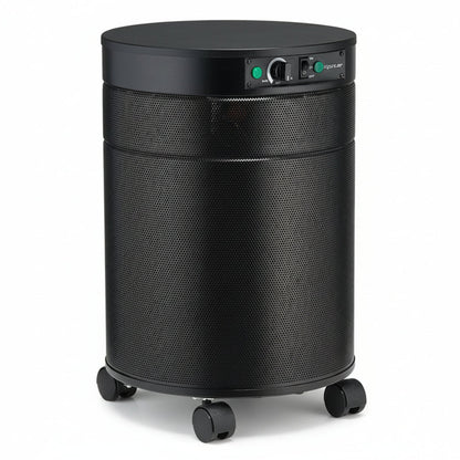 black air purifier shaped like a cylinder with black wheels, Airpura F600DLX Air Purifier on white background