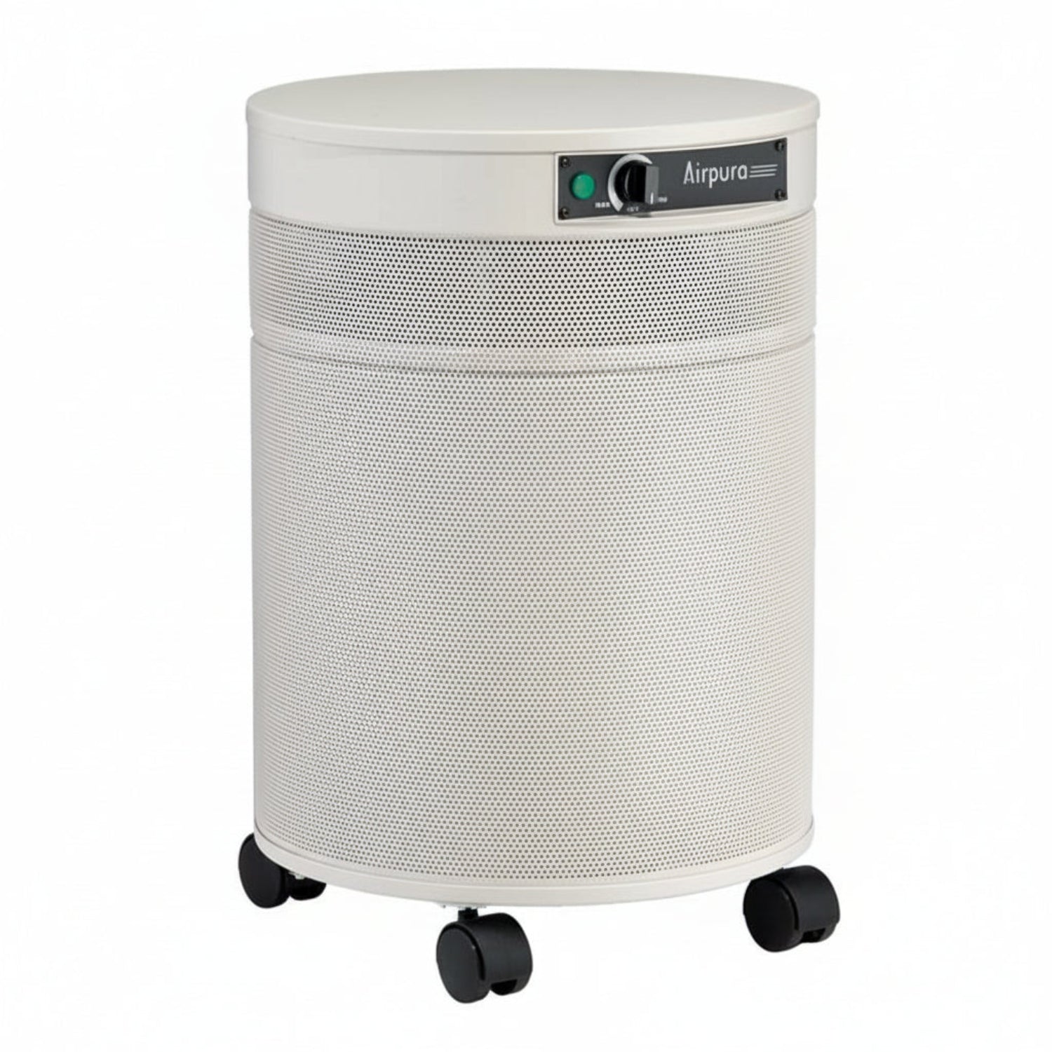 white air purifier shaped like a cylinder with black wheels, Airpura R600 - The Everyday Air Purifier on white background