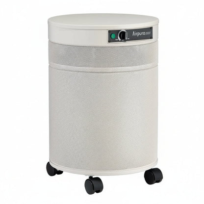 white air purifier shaped like a cylinder with black wheels, Airpura R600 - The Everyday Air Purifier on white background