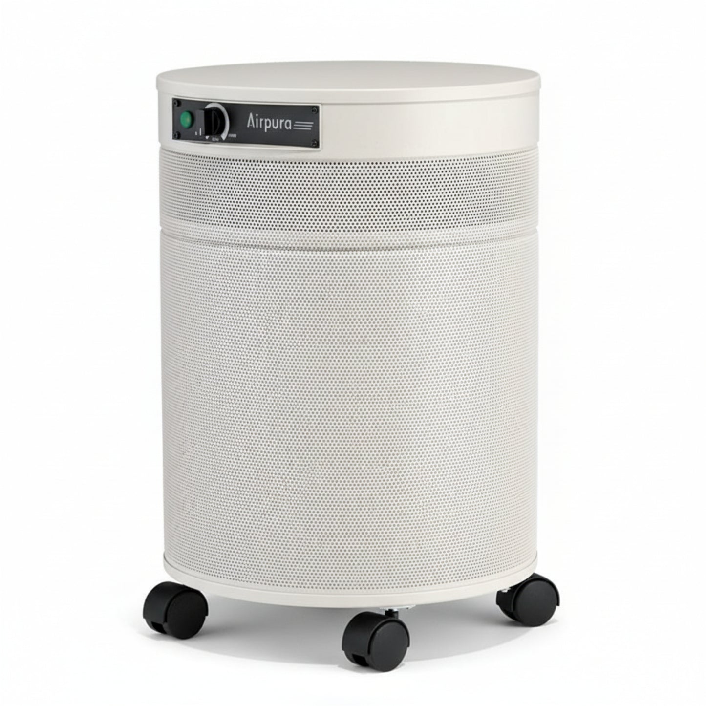 white air purifier shaped like a cylinder with black wheels, Airpura R600 - The Everyday Air Purifier on white background