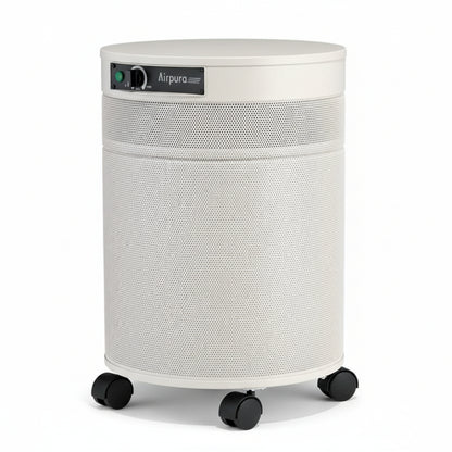white air purifier shaped like a cylinder with black wheels, Airpura R600 - The Everyday Air Purifier on white background