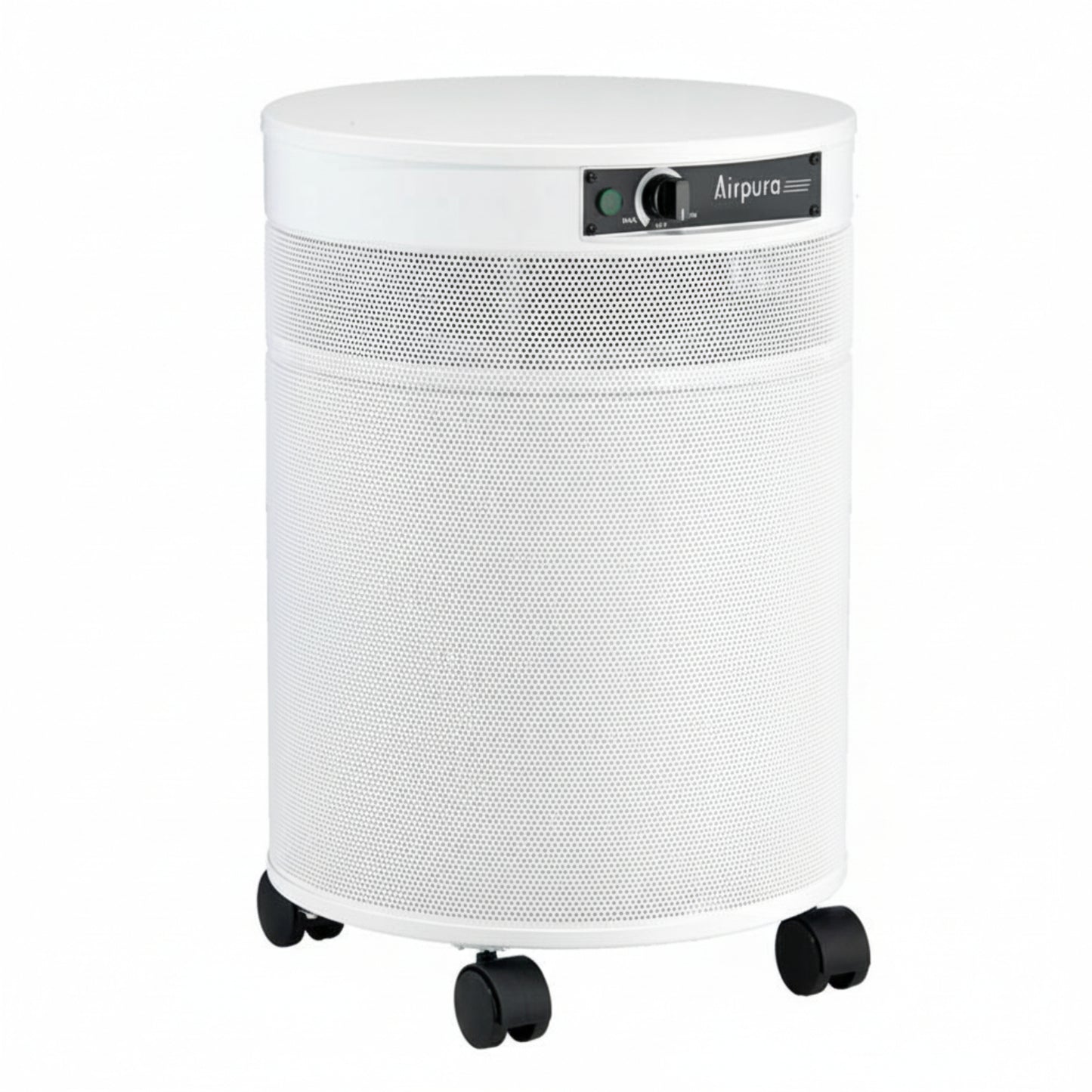 white air purifier shaped like a cylinder with black wheels, Airpura UV600 Air Purifier on white background