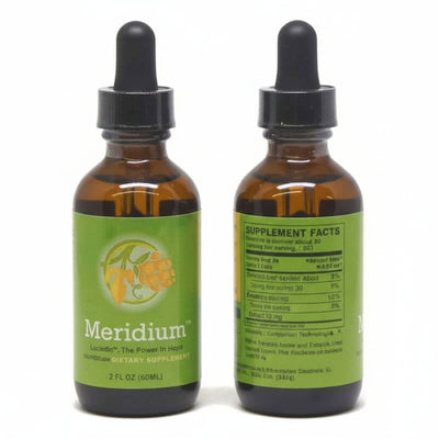 Two Meridium supplement bottles showing front an back, with droppers on a white background