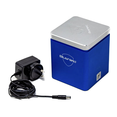 blue EMF protection cube, with silver Bludshield logo, blue cube with silver top and power cord