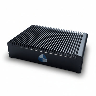 Black electronic device with a blue and white logo on a white background