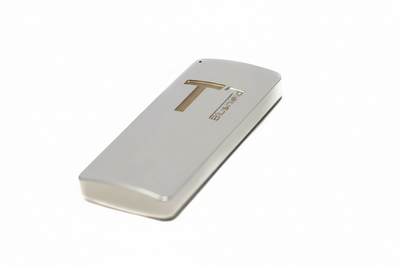 Silver device with Blushield brand name on a white background