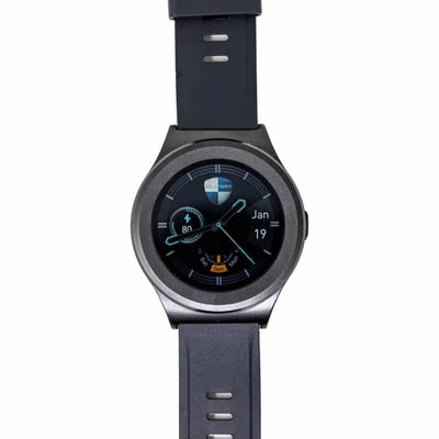 EMF protection smartwatch with a dark gray strap on a white background
