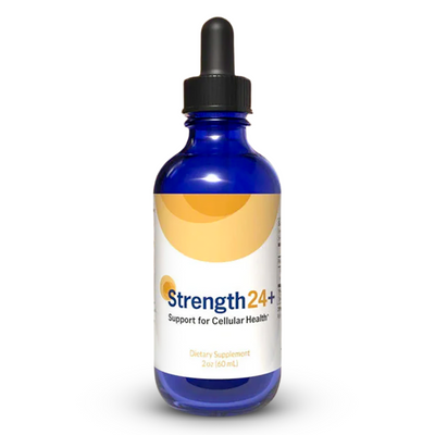Blue bottle with a dropper labeled 'Strength24+' on a white background