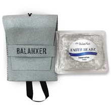 Gray pouch with 'Balanxer' branding and a container of 'Faith Beadz' on a white background