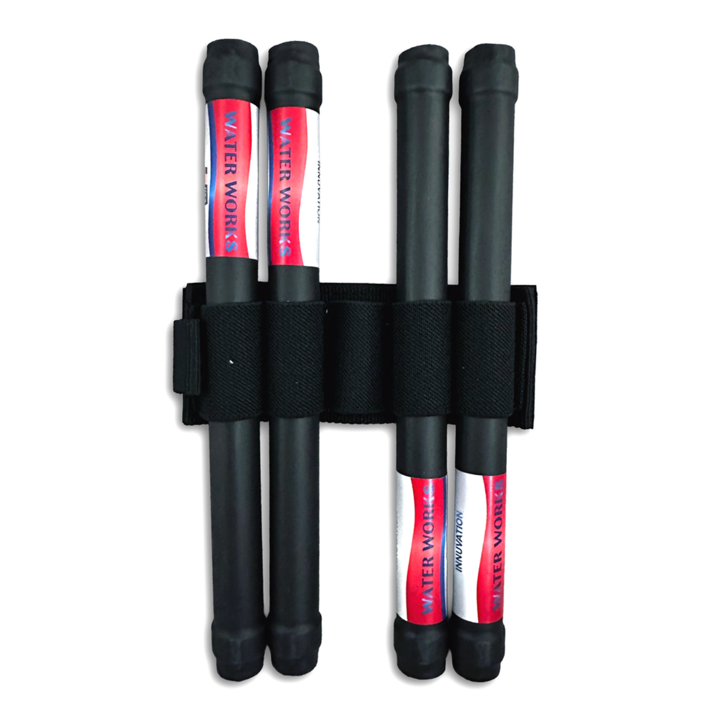 Set of four black and 'Water Works' red canes with a carrying strap on a white background