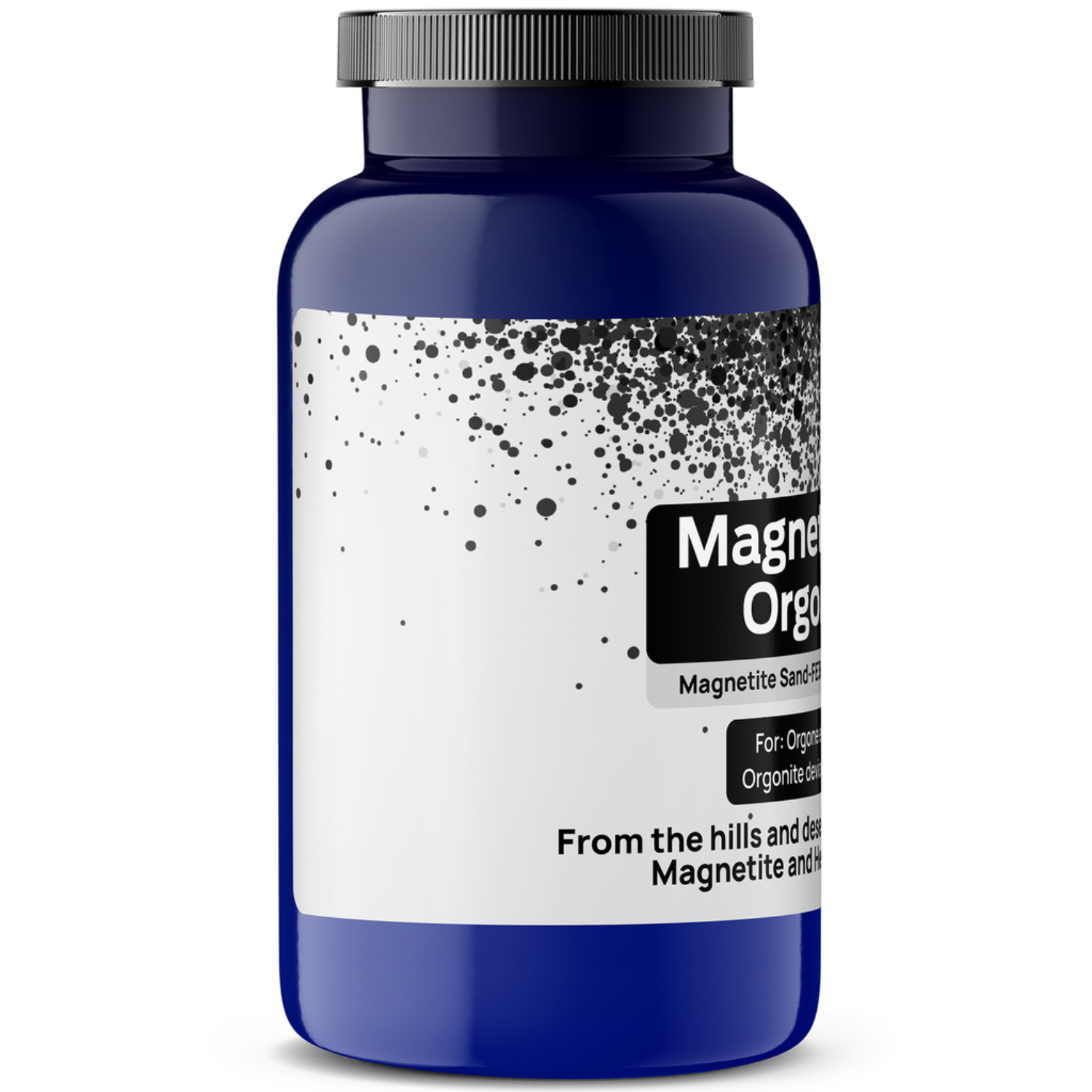 Blue bottle with white label featuring text and a black lid on a white background