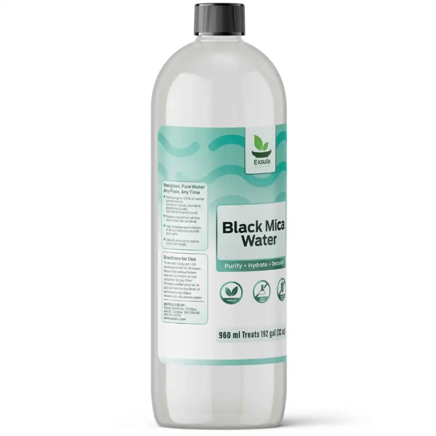 Bottle of Black Mica Water with a label on a white background