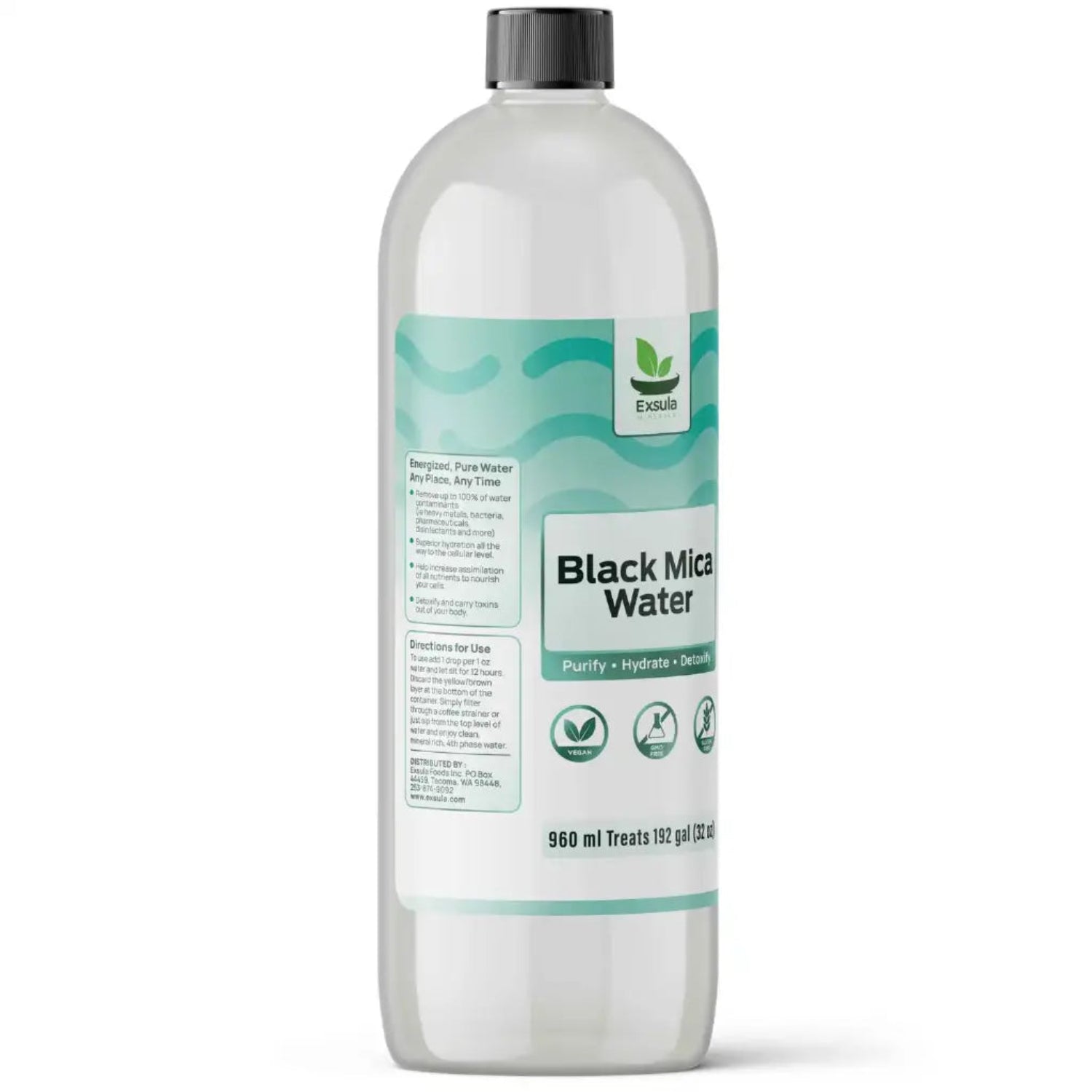 Bottle of Black Mica Water with a label on a white background