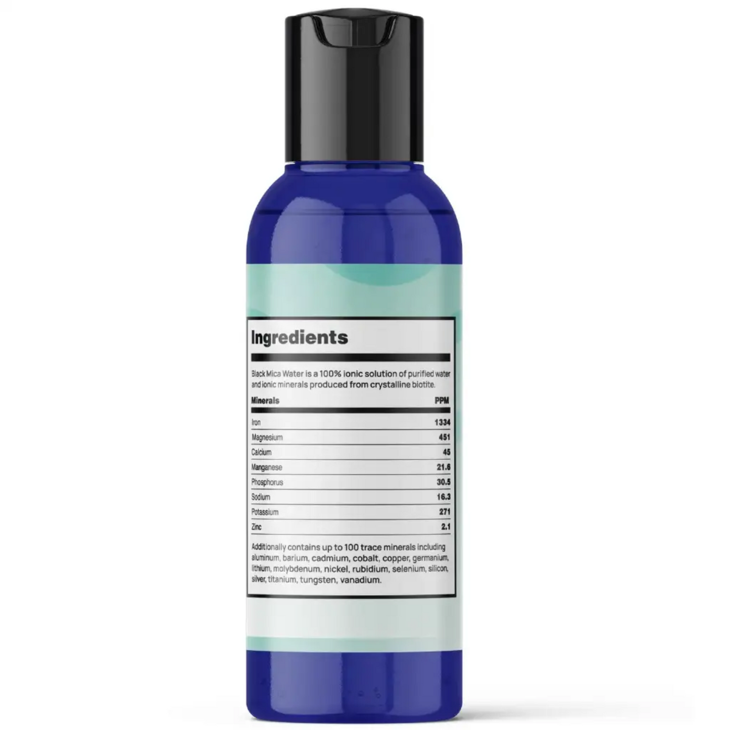 Blue bottle with a label on a white background