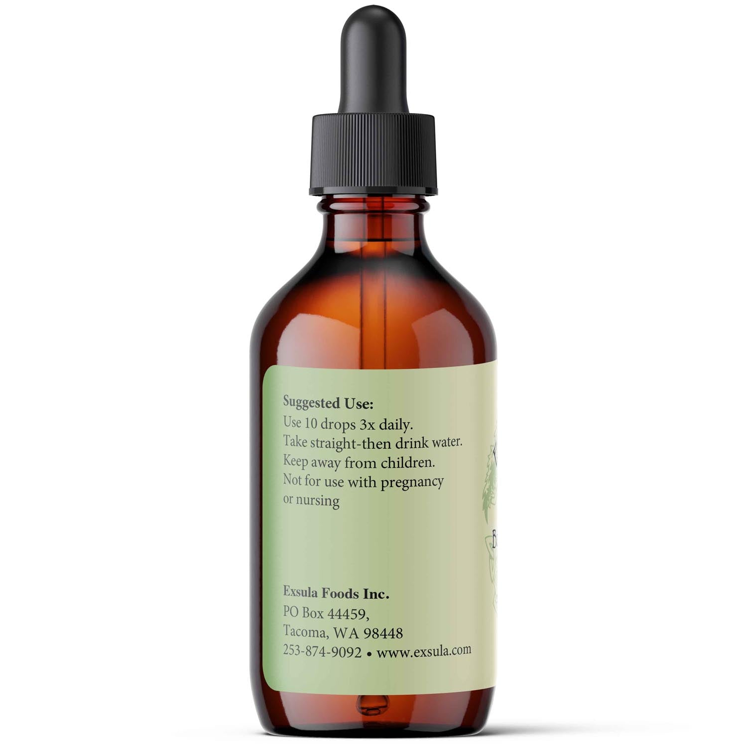 Amber glass dropper bottle with a label on a white background