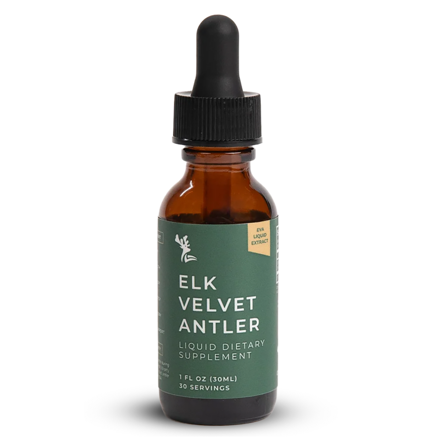 brown glass bottle of elk velvet antler supplement with dropper on a white background