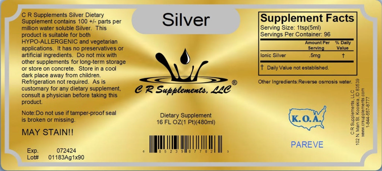 Gold label of C R Supplements Silver dietary supplement with text and branding.