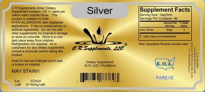 Gold label of C R Supplements Silver dietary supplement with text and branding.