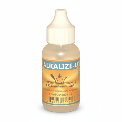 dropper bottle with white cap and yellow label of Alkalize-U from CR Supplements 1oz, electrolyte that neutralizes acidity and restores pH