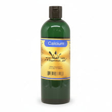 green bottle with black top and yellow gold label with blue behind Calcium, CR Supplements with logo of water drop splashing up, dietary supplement 16oz