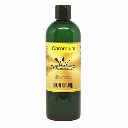 dark green bottle of Chromium with a yellow label on a white background