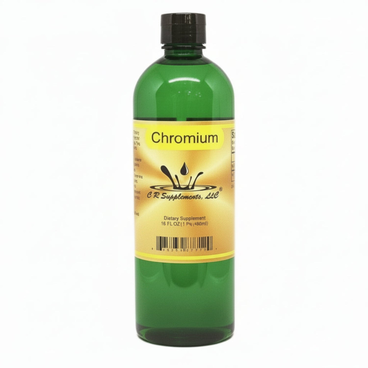 dark green bottle of Chromium with a yellow label on a white background