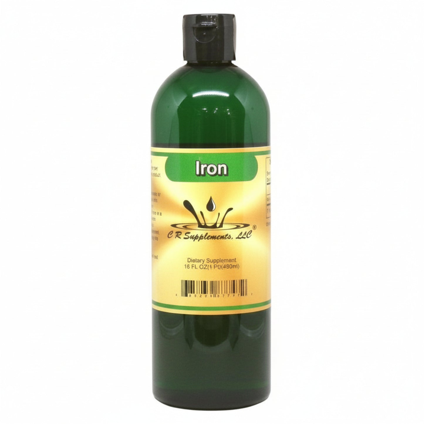 Green bottle labeled 'Iron' with a yellow label on a white background
