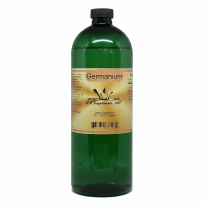 Green bottle of Germanium supplement with label on a white background