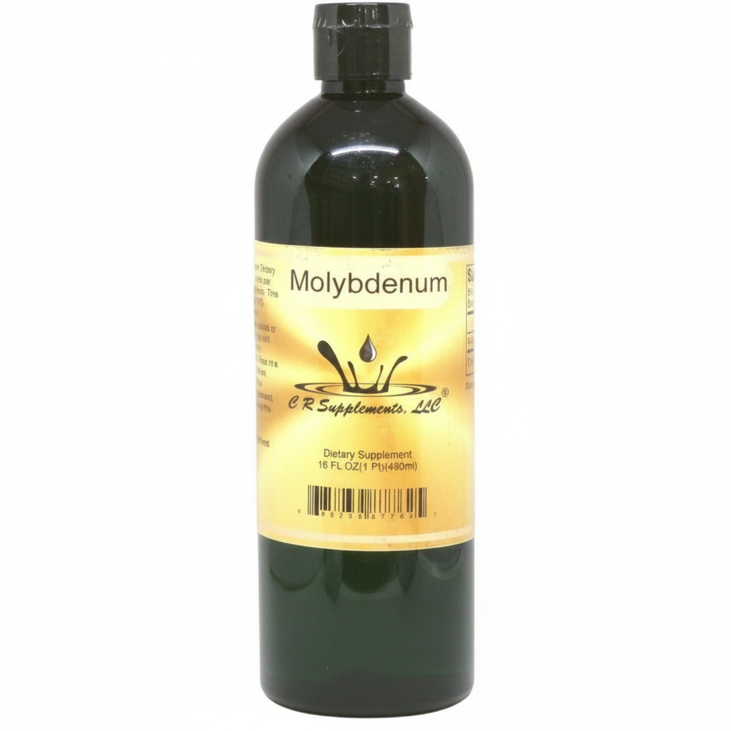 Bottle of molybdenum supplement with a yellow label on a white background