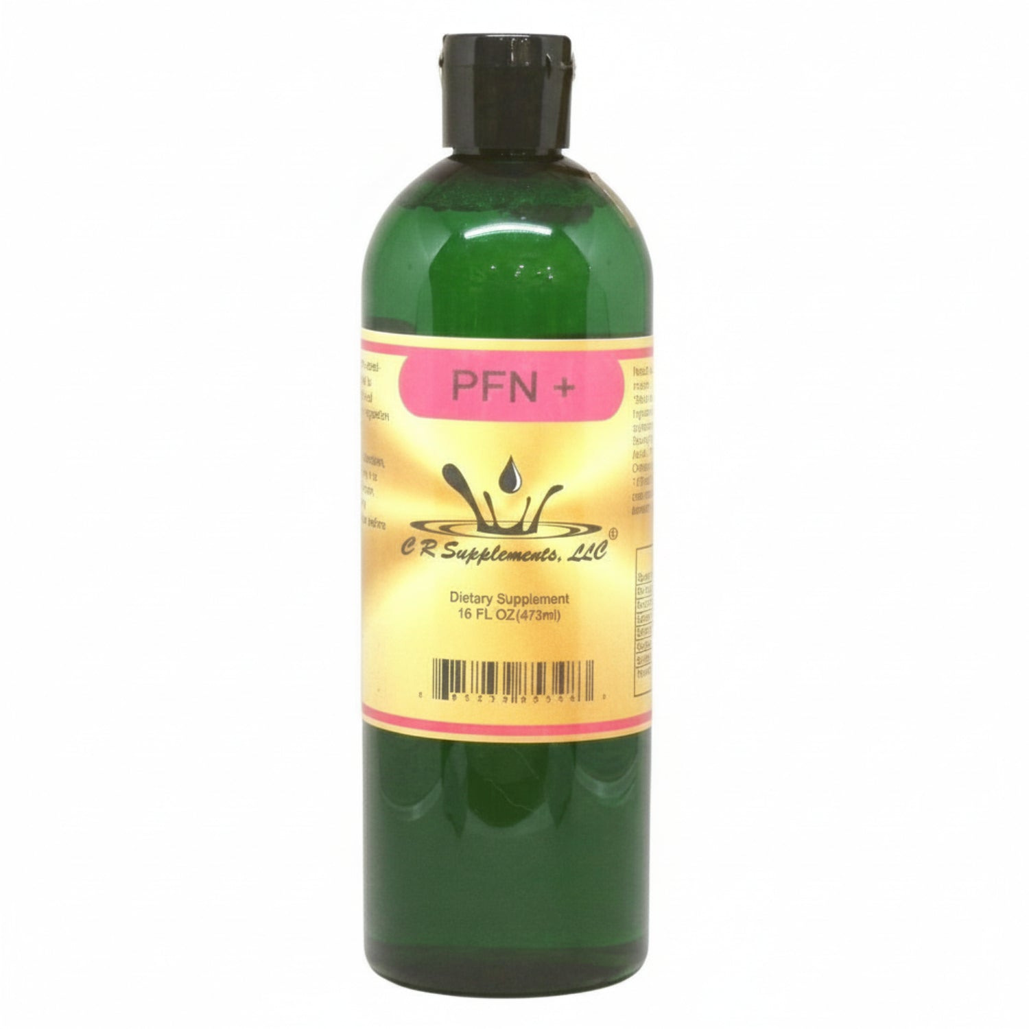Green bottle of PFN+ with a yellow label on a white background