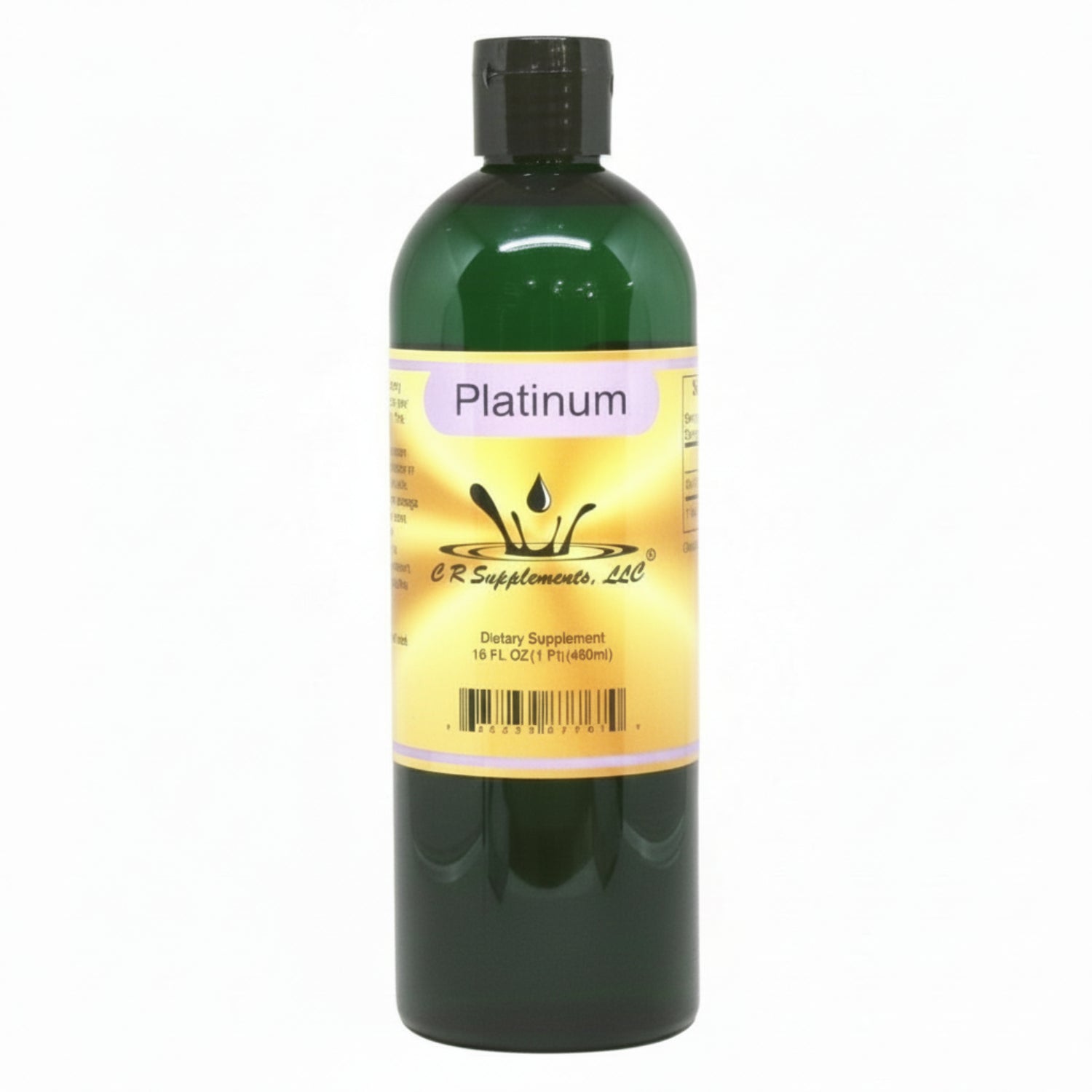 Green supplement bottle of Platnium with a yellow label on a white background