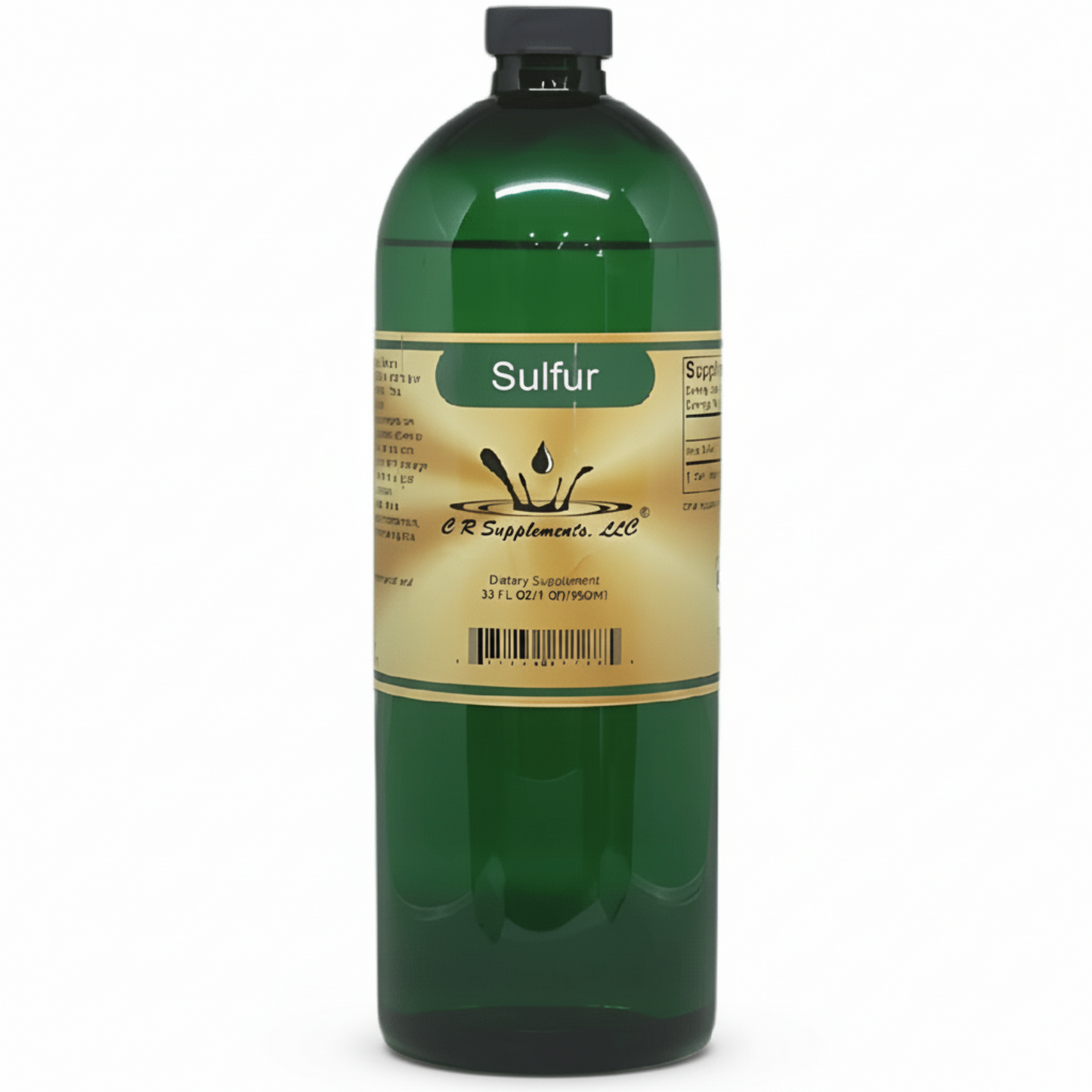 Green bottle labeled 'Sulfur' with a gold label on a white background