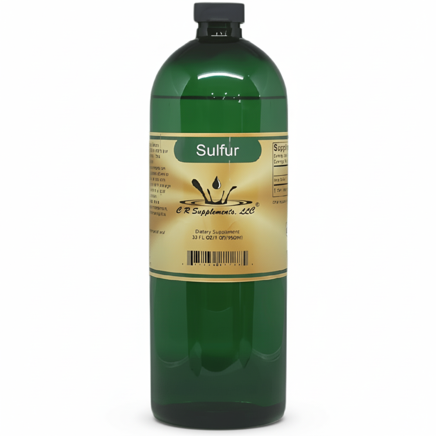 Green bottle labeled 'Sulfur' with a gold label on a white background