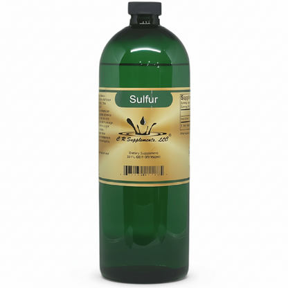 Green bottle labeled 'Sulfur' with a gold label on a white background