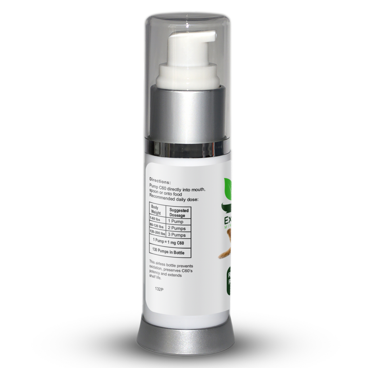 side of white pump bottle with clear top and white label with black text, Directions for use for body weight and suggested dose