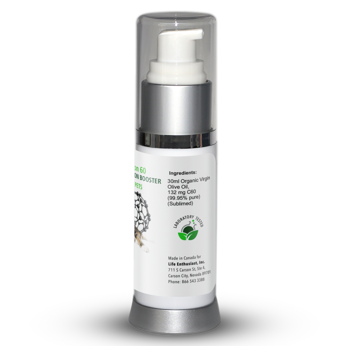 side white pump bottle with clear top and white label with black text, Ingredients, Laboratory tested, made in Canada for Life Enthusiast