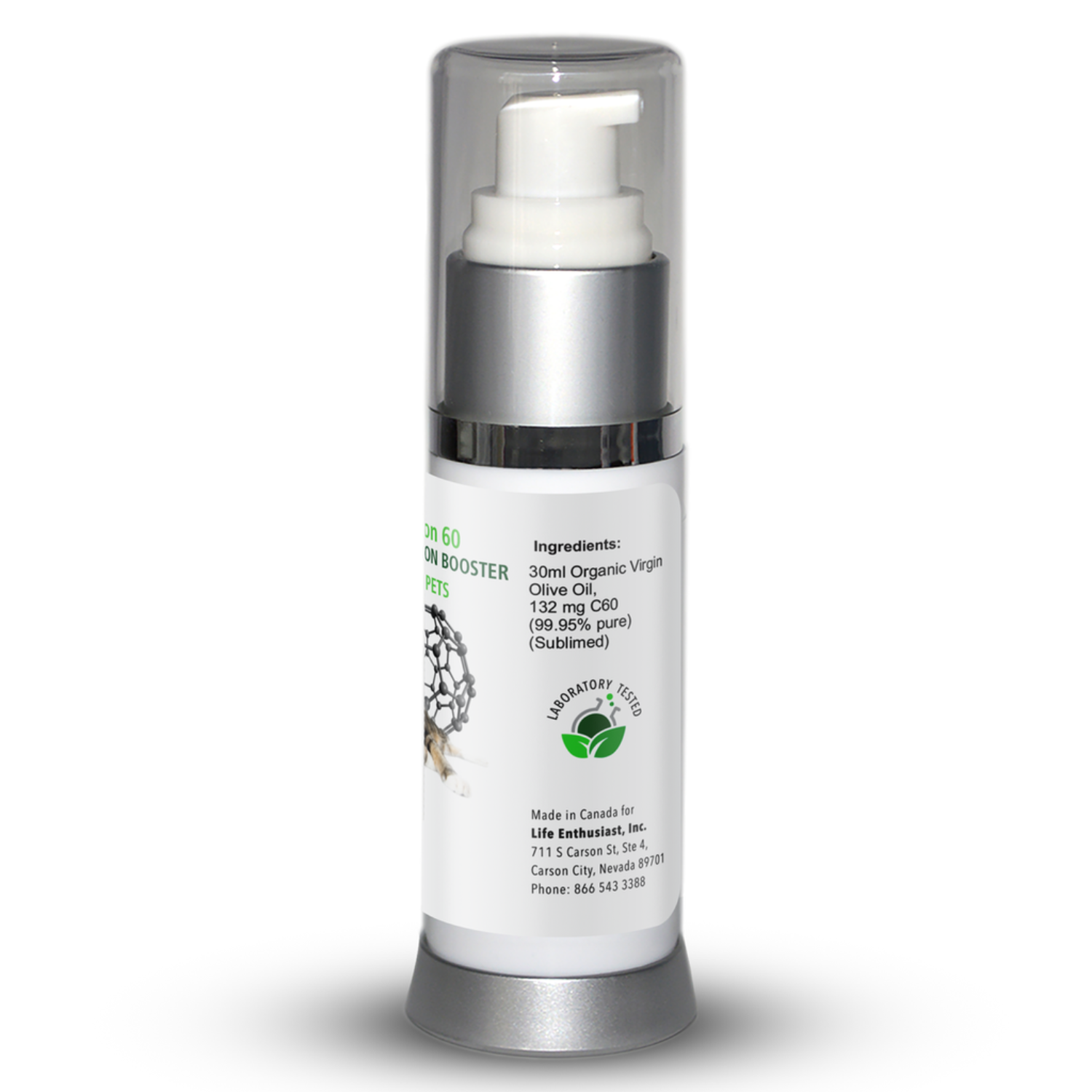 side white pump bottle with clear top and white label with black text, Ingredients, Laboratory tested, made in Canada for Life Enthusiast