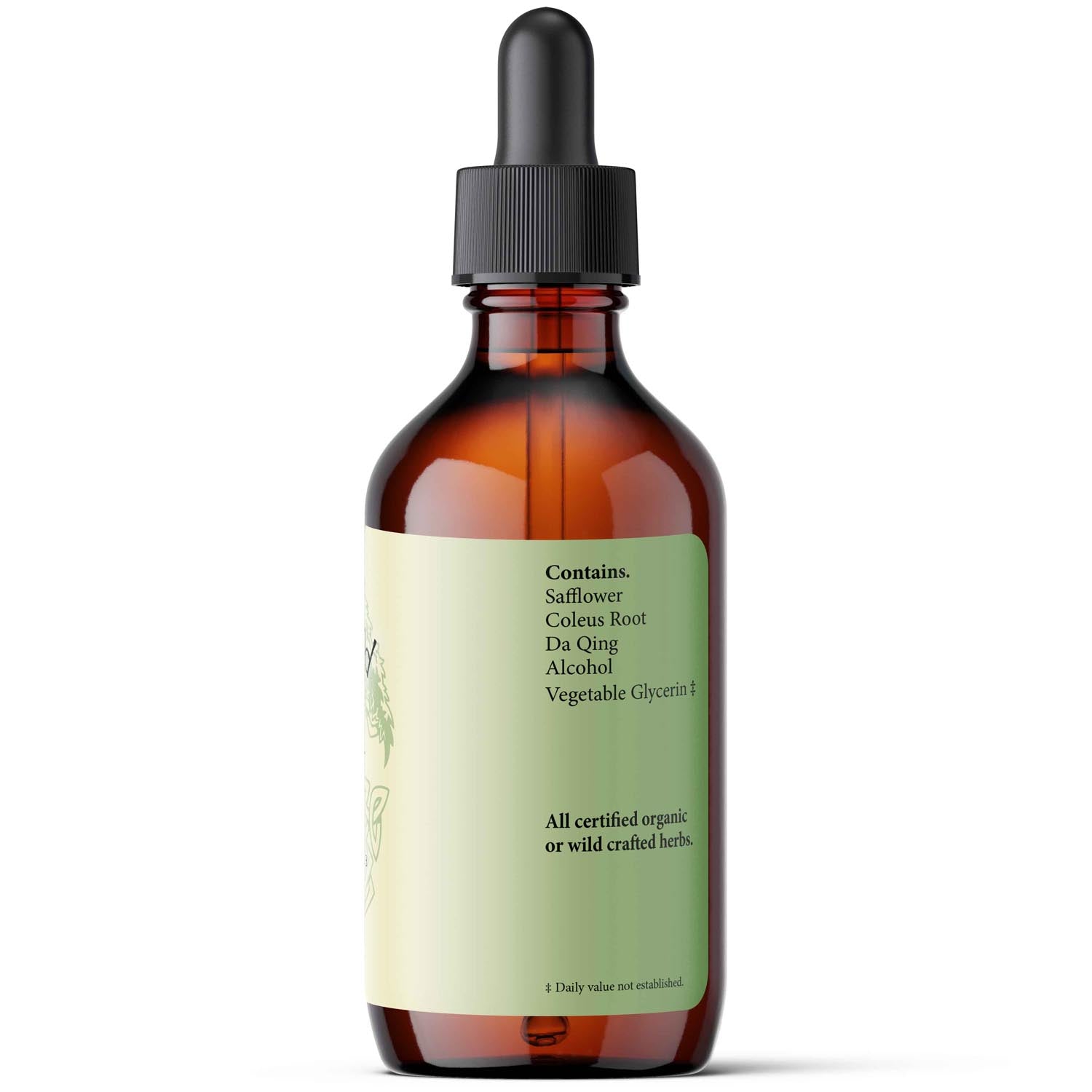 Brown glass dropper bottle of herbal tincture on a white background