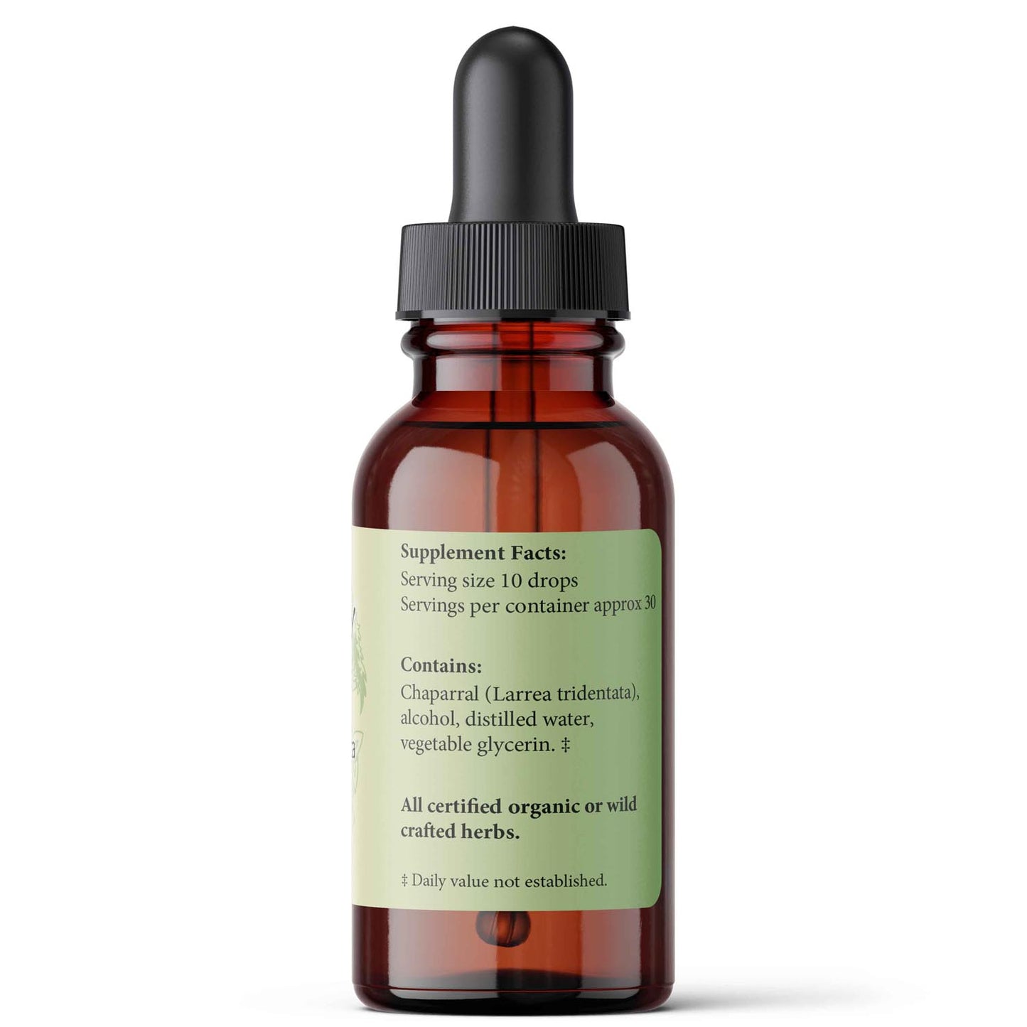 Brown glass dropper bottle with a label on a white background