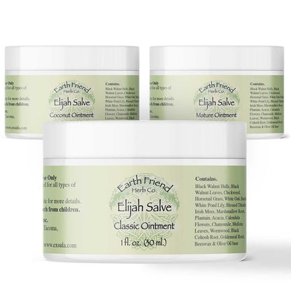 Three jars of Earth Friend Herb Co. Elijah Salve on a white background