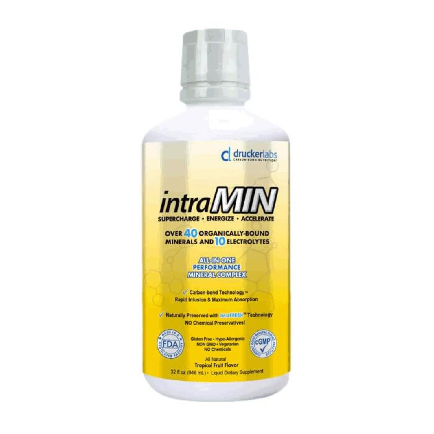 Bottle of Drucker Labs intraMIN Tropical Fruit mineral supplement with yellow label on a white background