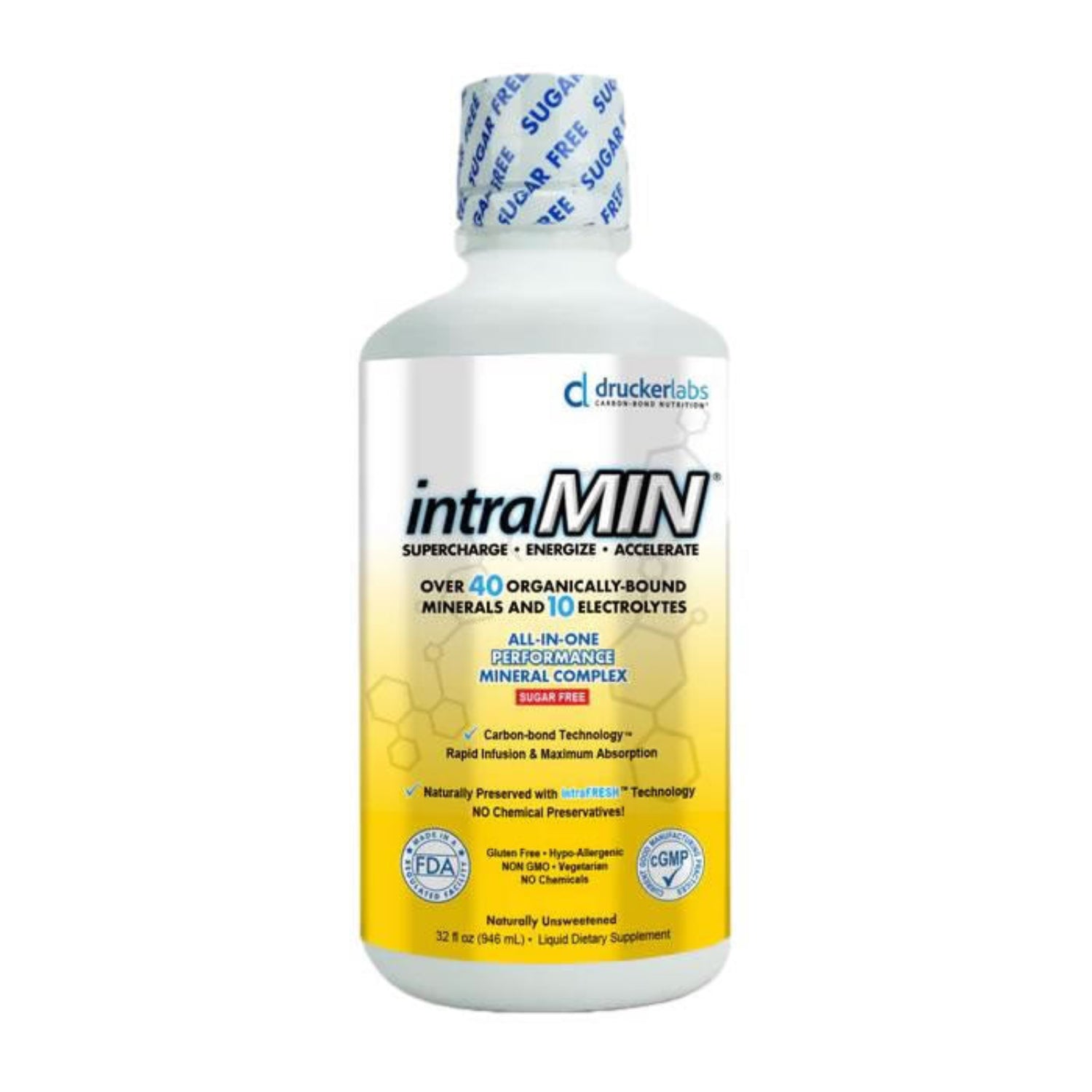 Bottle of Drucker Labs intraMIN Naturally Unsweetened mineral supplement with yellow label on a white background