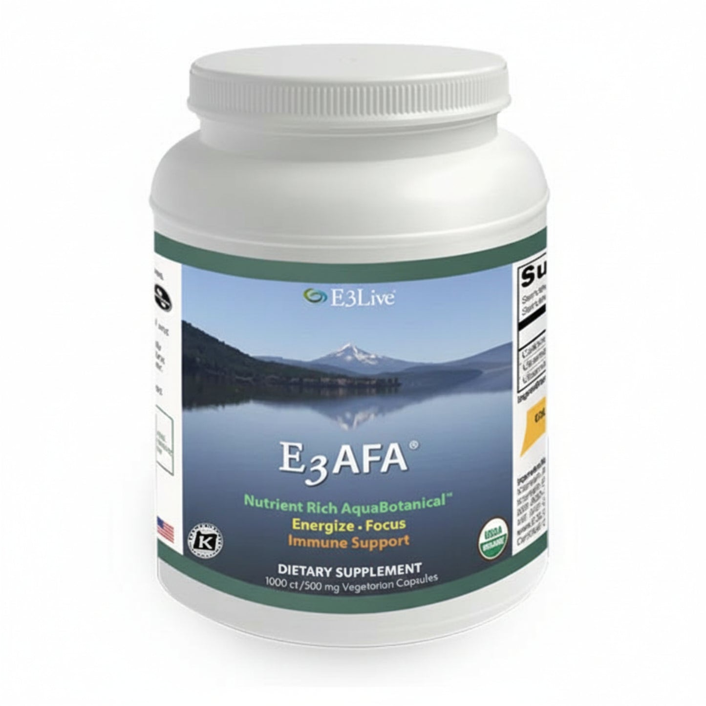 white supplement container labeled 'E3AFA' with a scenic label on a white background