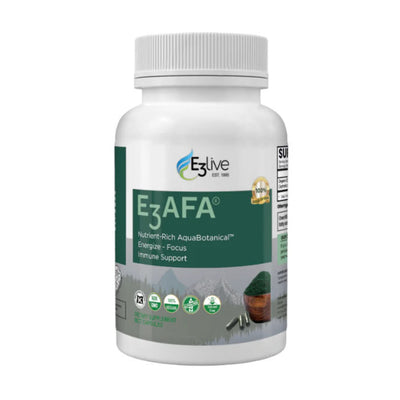 white supplement bottle of E3 AFA with E3Live branding on a white background